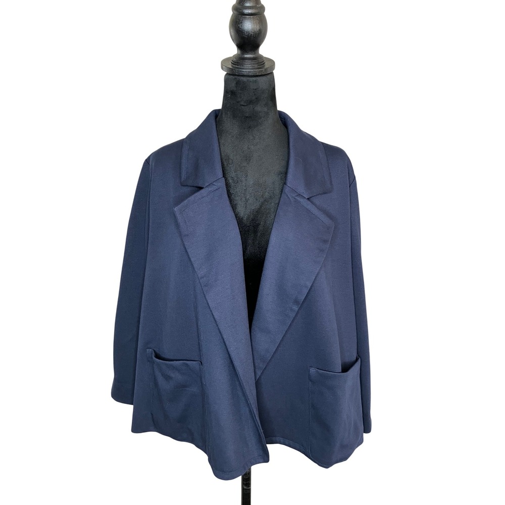 J. Jill Open Front Preppy Blazer Jacket 3/4 Sleeve Patch Pockets Navy Medium NWT